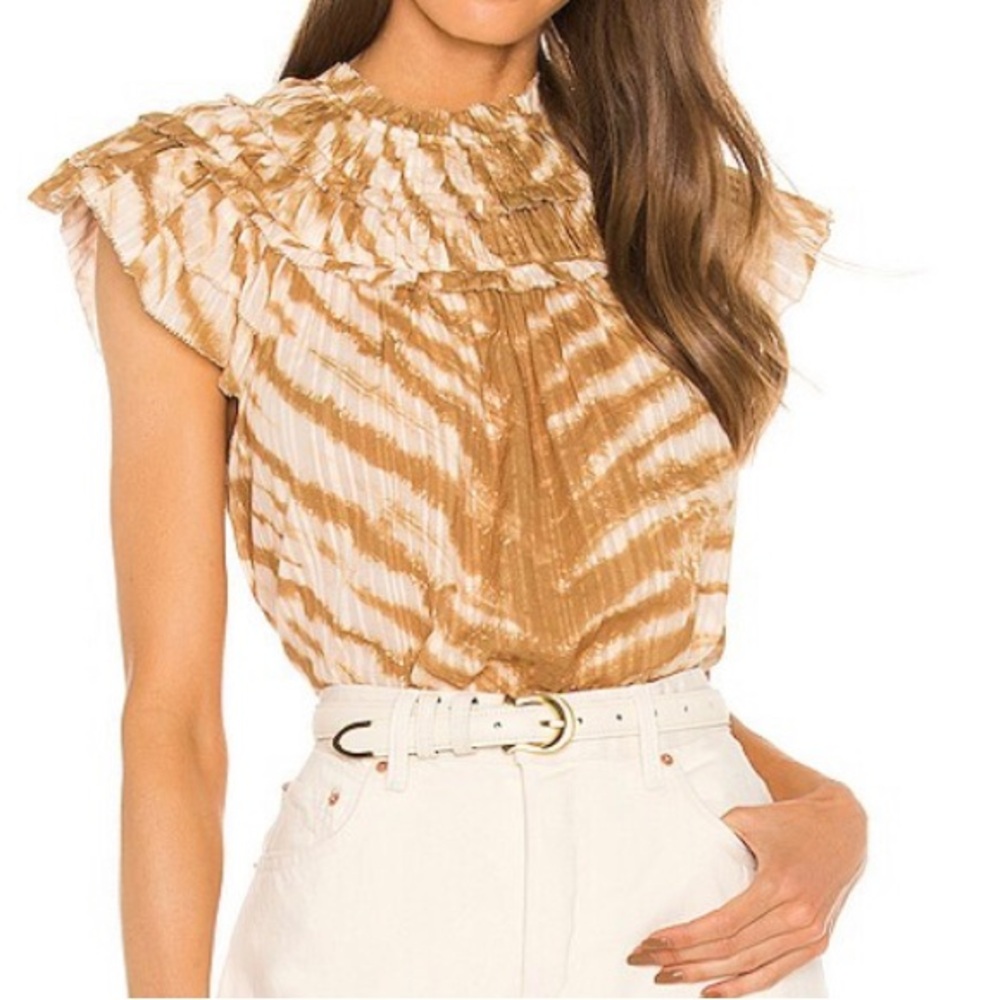 Ulla Johnson Blouse Laila Top Ruffle Short Sleeve brown white